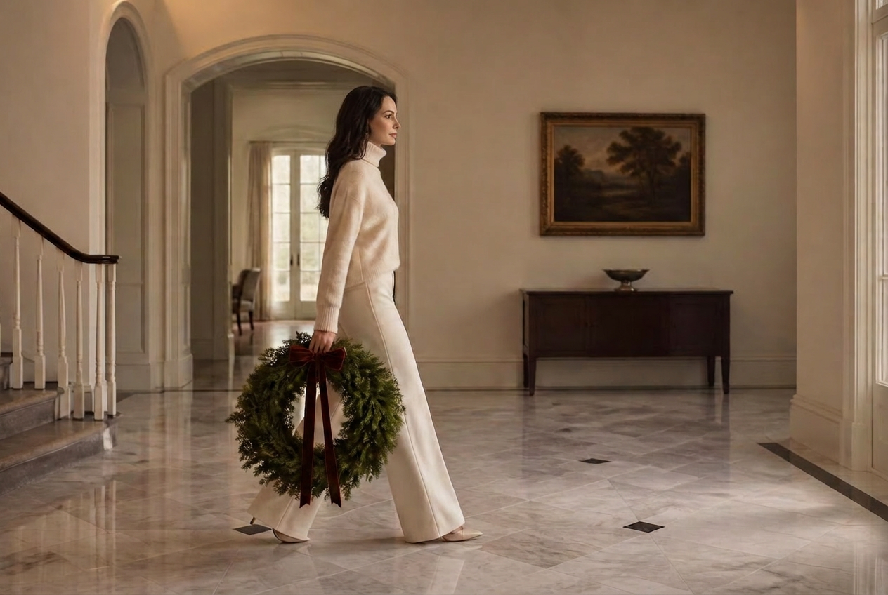 Elegant holiday interior with a decorated Christmas tree and warm lighting